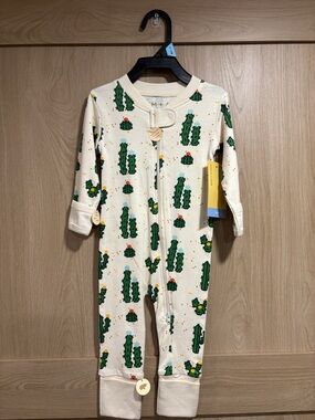 Tea Collection Cream Footie with Green Cactus Print